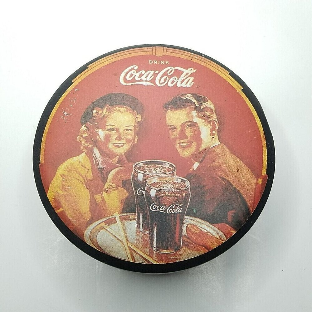 Vintage Coca Cola round tin container 5.5 inch box & lid circa 1988 collectible